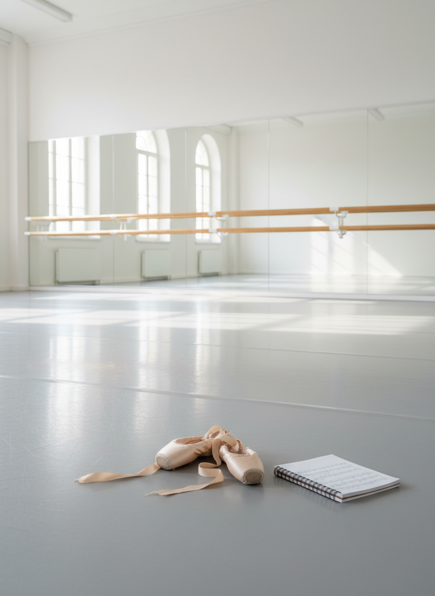A spacious, professional ballet studio with pristine light grey marley flooring stretching toward a wall of floor-to-ceiling mirrors and wooden barres. In the center of the frame, a single, well-used pair of soft pink ballet slippers rests neatly beside a folded, spiral-bound class notebook with visible sheet edges, suggesting detailed written combinations. Soft, diffused morning light enters through high windows, creating gentle reflections on the mirrors and subtle shadows on the floor. Shot at eye level with photographic realism, the composition uses the rule of thirds, keeping the space uncluttered and emphasizing clarity and organization. The atmosphere feels focused, calm, and studious, ideal for structured, professional online ballet education.