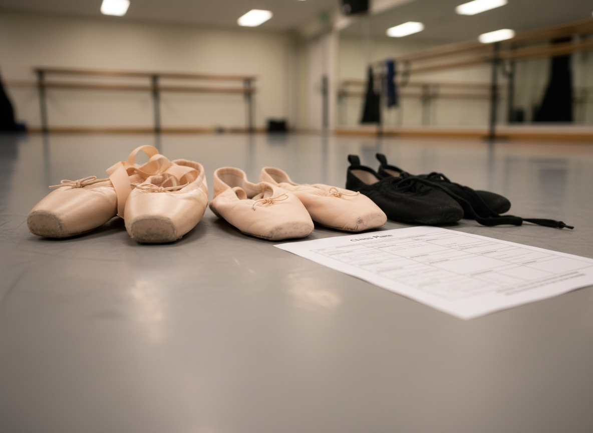 An elegant composition of ballet footwear arranged to illustrate progressive training: robust, well-shaped pointe shoes, supple soft ballet slippers, and black canvas practice shoes aligned in a gentle diagonal across smooth grey marley flooring. Beside them lies a neatly printed class plan with clearly defined sections, music counts, and bilingual English and French headings, slightly angled for visual interest but not legible as text. Warm, even studio lighting from overhead fixtures casts soft shadows, highlighting textures of satin, canvas, and paper. Captured from a low, side angle in photographic realism, the shallow depth of field gently blurs the distant studio mirrors and barres, creating a focused, professional, and aspirational atmosphere that suggests comprehensive, methodical instruction.
