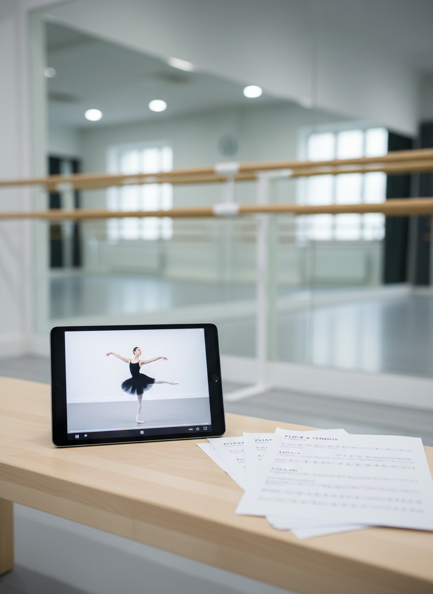 A close-up, photographic image of a digital tablet lying on a smooth, pale wooden studio bench, displaying a paused ballet demo video with a clear, frozen frame of a tendu exercise in perfect alignment. Next to the tablet, neatly stacked printed class PDFs show visible music counts and French terminology headings, with corners slightly curled from frequent use. The background falls into a soft bokeh of a bright, mirrored ballet studio with barres along the wall. Cool, even studio lighting minimizes harsh shadows, creating a clean, modern, and professional mood. Shot from a slightly elevated angle with shallow depth of field, the focus is on the tools of learning, conveying precision, structure, and high-quality coaching resources.
