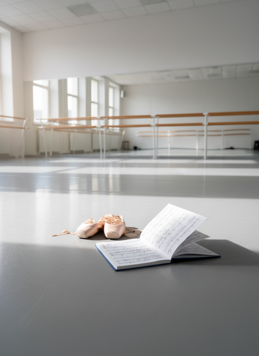 A spacious, professional ballet studio with pristine light grey marley flooring stretching toward a wall of floor-to-ceiling mirrors and wooden barres. In the center of the frame, a single, well-used pair of soft pink ballet slippers rests neatly beside a folded, spiral-bound class notebook with visible sheet edges, suggesting detailed written combinations. Soft, diffused morning light enters through high windows, creating gentle reflections on the mirrors and subtle shadows on the floor. Shot at eye level with photographic realism, the composition uses the rule of thirds, keeping the space uncluttered and emphasizing clarity and organization. The atmosphere feels focused, calm, and studious, ideal for structured, professional online ballet education.