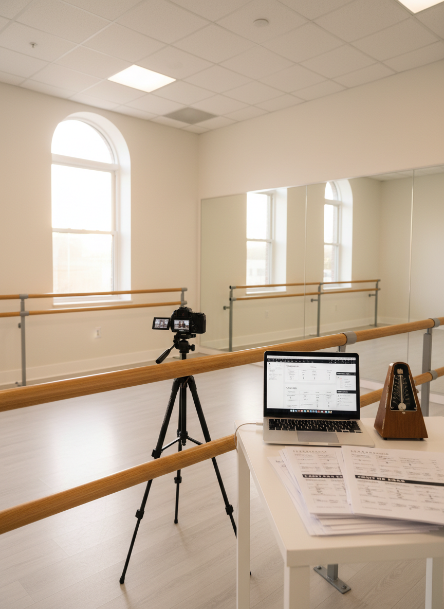A serene corner of a ballet studio arranged as a teaching hub: a portable wooden barre stands before a large mirror, while a compact tripod-mounted camera faces it, ready to record combinations. On a nearby sleek white table sit a laptop with a ballet class outline on screen, a printed stack of bilingual (English and French terminology) class plans, and a small metronome. Natural afternoon light streams through high windows, mixing with soft overhead studio lighting to create a bright, evenly lit space with minimal shadows. Captured from a slightly elevated three-quarter angle in clean, photographic realism, the composition balances technical equipment and classical studio elements, conveying a meticulous, professional environment dedicated to creating high-quality online ballet classes.
