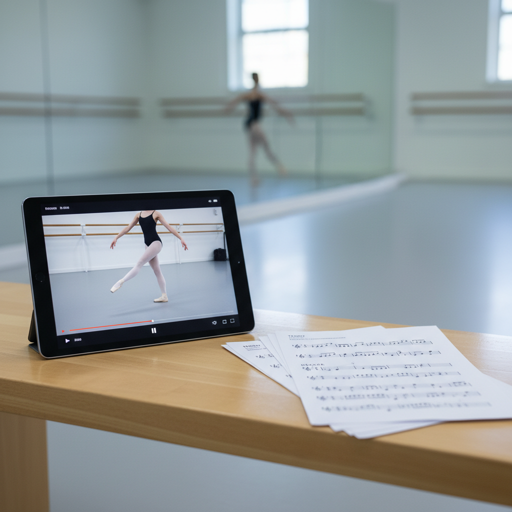 A close-up, photographic image of a digital tablet lying on a smooth, pale wooden studio bench, displaying a paused ballet demo video with a clear, frozen frame of a tendu exercise in perfect alignment. Next to the tablet, neatly stacked printed class PDFs show visible music counts and French terminology headings, with corners slightly curled from frequent use. The background falls into a soft bokeh of a bright, mirrored ballet studio with barres along the wall. Cool, even studio lighting minimizes harsh shadows, creating a clean, modern, and professional mood. Shot from a slightly elevated angle with shallow depth of field, the focus is on the tools of learning, conveying precision, structure, and high-quality coaching resources.